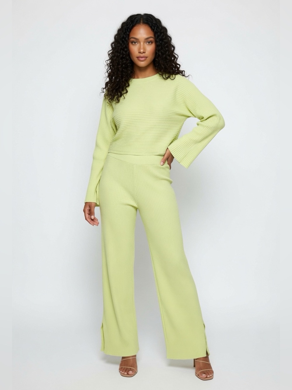 Pink Rose Chartreuse Ribbed Flowy 2-Piece Set - Long Sleeve Top & Pants